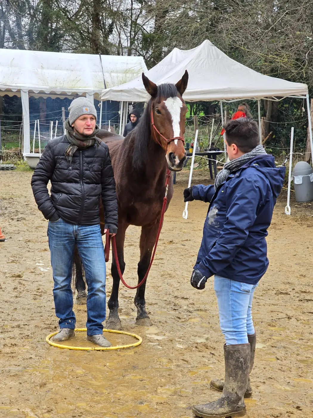 Deux participants avec un cheval alezan, l'un d'eux debout dans un cerceau