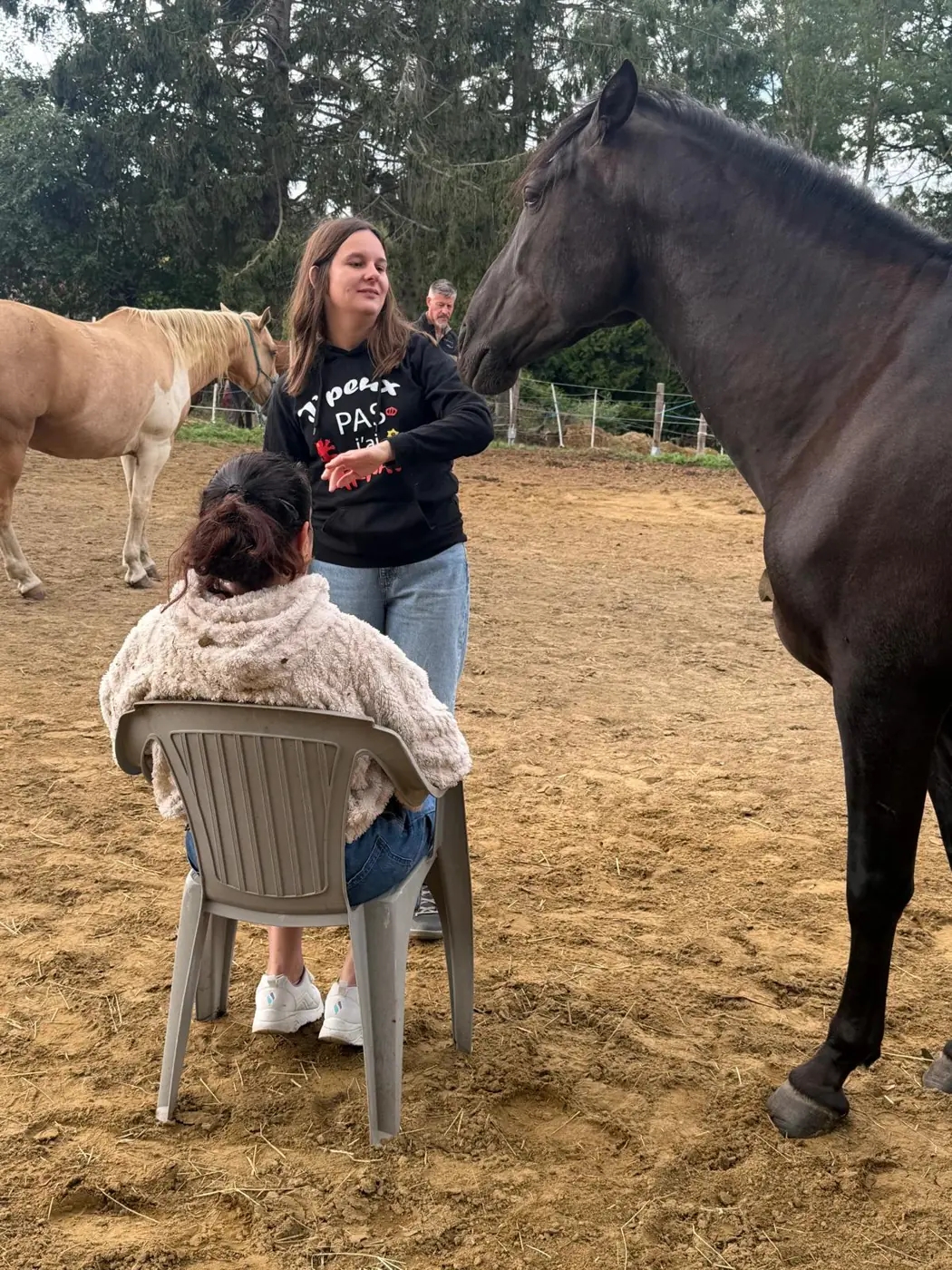 Une participante assise, au calme, pendant qu'un cheval noir s'approche d'elle